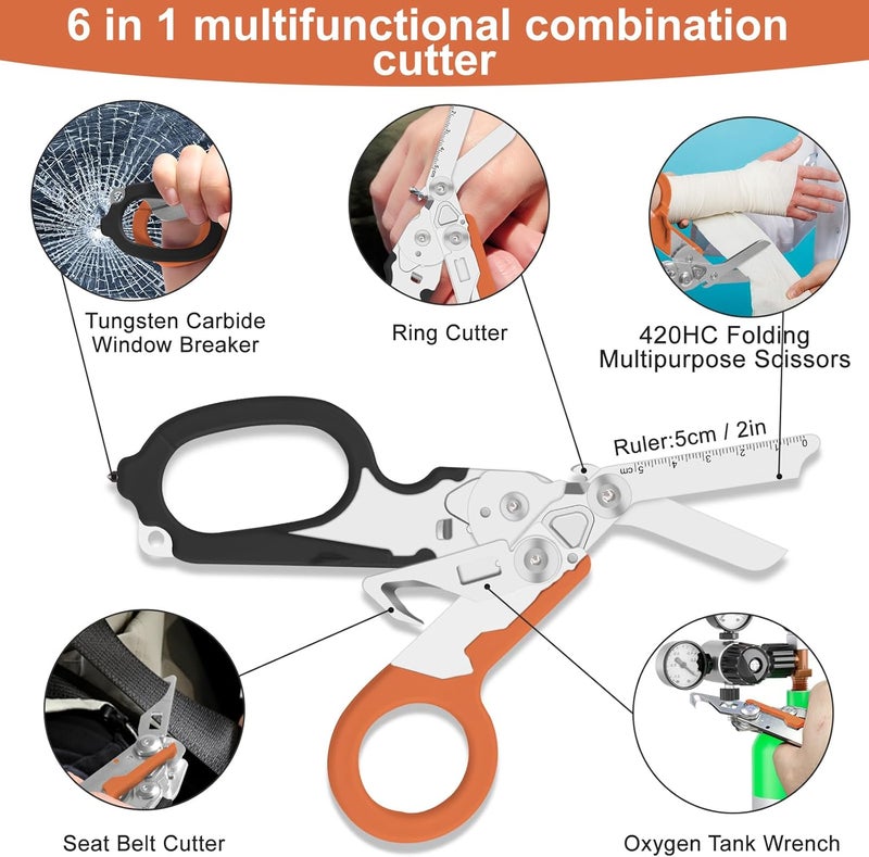 Lemasa6 in 1 6 in 1 trauma shears, Folding Retractable Emergency Shears, Outdoor Camping Tools, Seat Belt Cutter, Oxygen Cylinder Wrench, Complimentary Adjustable Wrench (Black Orange) - Image 2